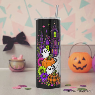 Bubblegum Ghost Haunted House 20oz Personalized Tumbler With Lid and Stainless Steel Straw, Colorful Floral Halloween Pumpkin Gift Cup