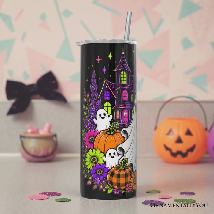 Bubblegum Ghost Haunted House 20oz Personalized Tumbler With Lid and Stainless Steel Straw, Colorful Floral Halloween Pumpkin Gift Cup