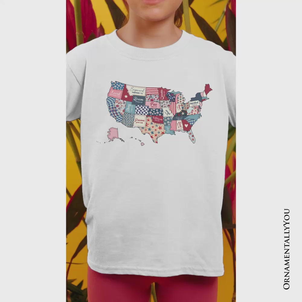 Kids Patriotic Patchwork USA T-Shirt, Quilted Map Youth Tee for American Fans