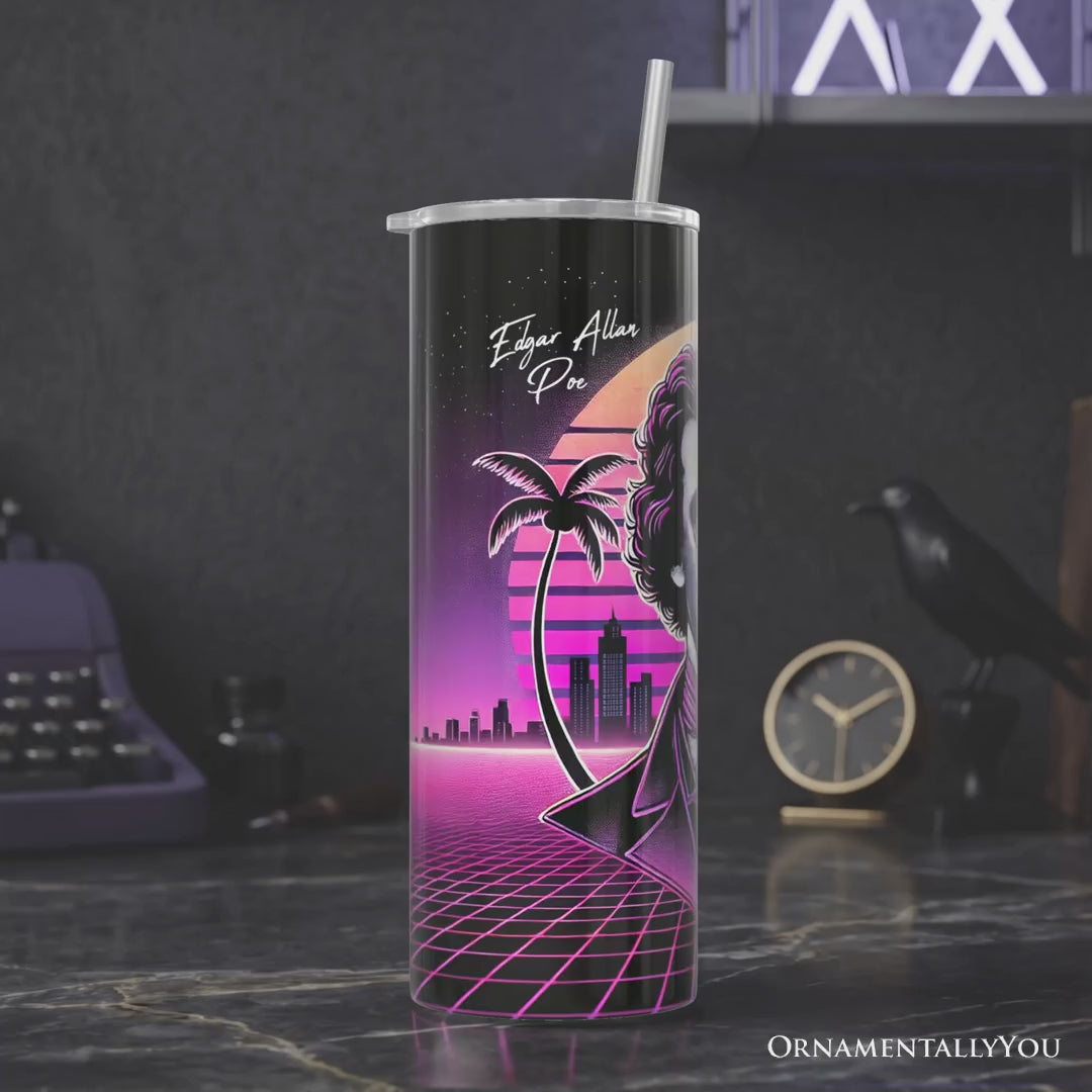 Synthwave 80's Styled Edgar Allan Poe Horror 20oz Personalized Tumbler With Lid and Stainless Steel Straw, Vaporwave Classic Retro Neon Halloween Gift Cup