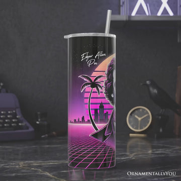Synthwave 80's Styled Edgar Allan Poe Horror 20oz Personalized Tumbler With Lid and Stainless Steel Straw, Vaporwave Classic Retro Neon Halloween Gift Cup