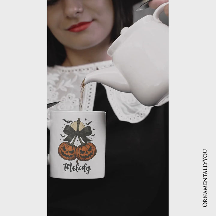 Pumpkin Cherries Coquette Bow Personalized Mug, Retro Halloween Gift with Custom Name