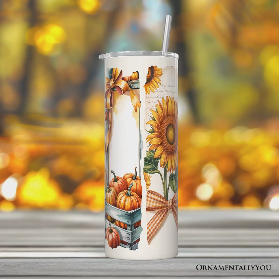 Pumpkin Season 20oz Personalized Tumbler With Lid and Stainless Steel Straw, Fall Sunflower Coquette Bow Autumn Gift Cup