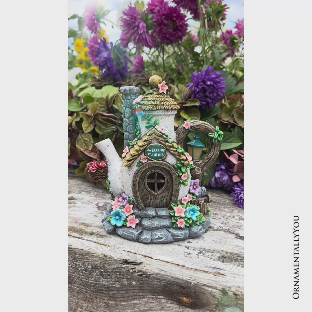 Solar Fairy Tea Pot House Garden Statue, 8 Lighted Mushroom Cottage Figurine Outdoor Decor