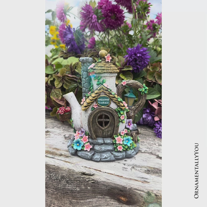 Solar Fairy Tea Pot House Garden Statue, 8 Lighted Mushroom Cottage Figurine Outdoor Decor