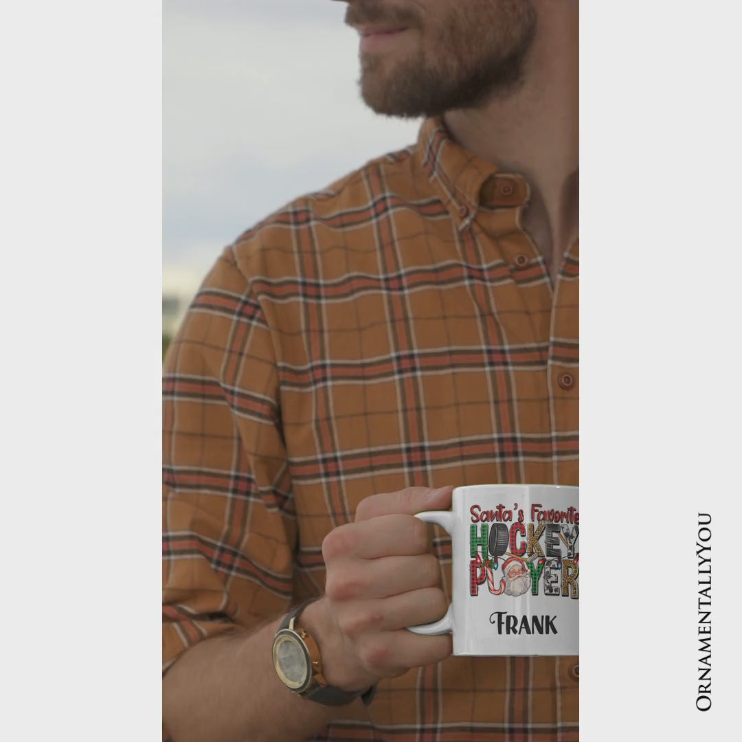 Santa’s Favorite Hockey Player Personalized Mug, Plaid Christmas Athelete Gift with Custom Name