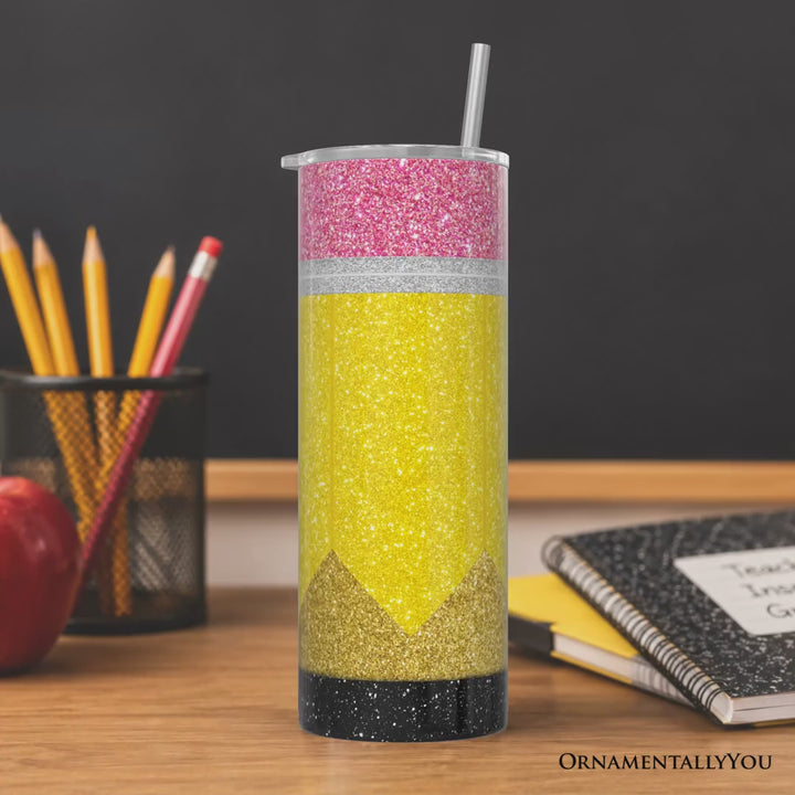 Glitter Pencil Design 20oz Personalized Tumbler With Lid and Stainless Steel Straw, School Teacher Gift Cup
