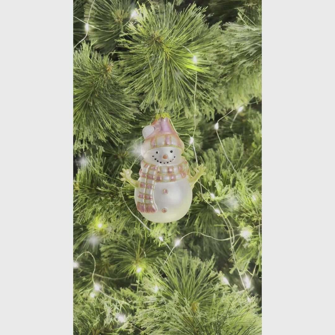 Pink Snowman Glass Ornament, Eclectic Christmas Tree Decor