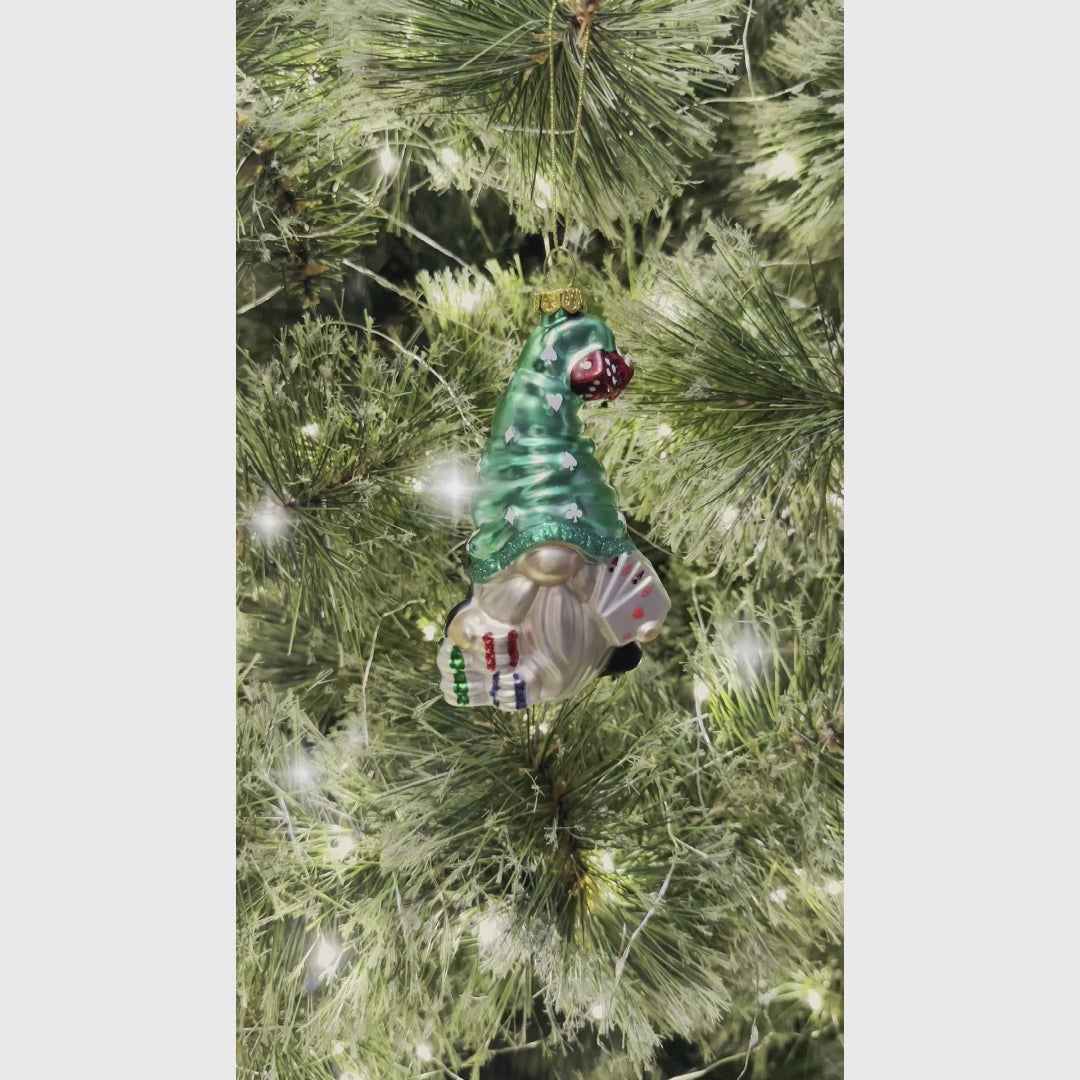 Casino Poker Gnome Glass Ornament, Cute Christmas Gambler