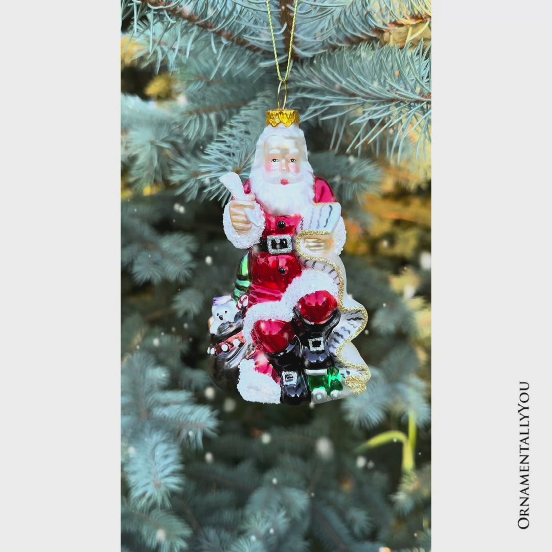 Santa with a Long Letter Glass Christmas Ornament, Vintage Holiday Tree Decor