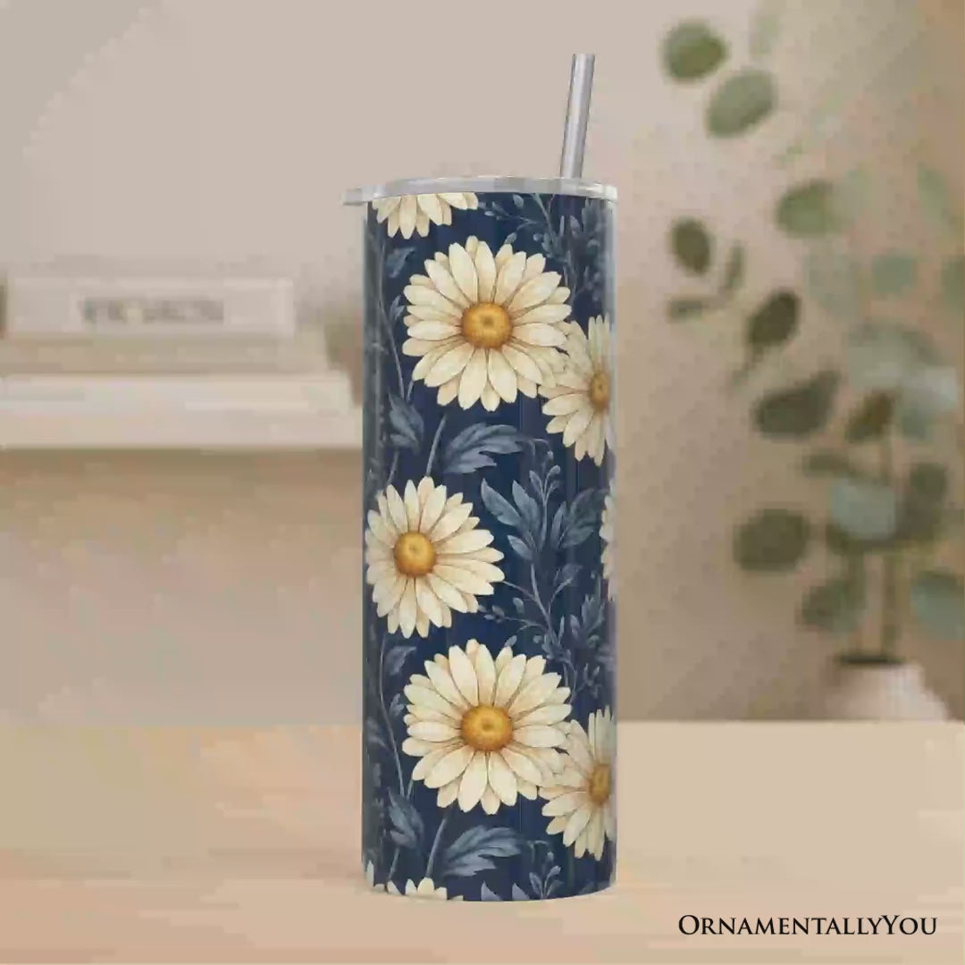Vintage Daisy Floral Pattern 20oz Personalized Tumbler With Lid and Stainless Steel Straw, Navy Blue Cottage Garden Gift Cup