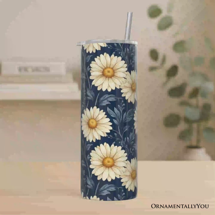 Vintage Daisy Floral Pattern 20oz Personalized Tumbler With Lid and Stainless Steel Straw, Navy Blue Cottage Garden Gift Cup