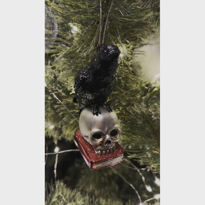 Raven on Skull and Book Glass Ornament, Horror Edgar Allan Poe Decoration