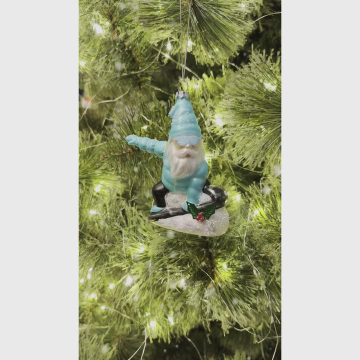 Snowboarding Gnome Glass Christmas Ornament, Winter Blue Aspen Tree Decor