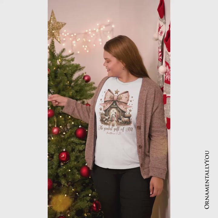 Holy Night Nativity Scene Jesus T-Shirt, The Greatest Gift of All Matthew 1:21 Christian Christmas Tee