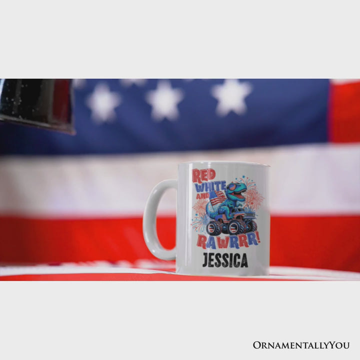 Patriotic Dinosaur Monster Truck Personalized Mug, Red White and Rawrr 4th of July Gift with Custom Name