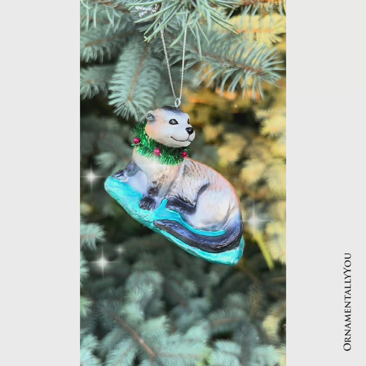 (Pre-Order) Cute Otter Glass Christmas Ornament, Exotic Animal Tree Decoration