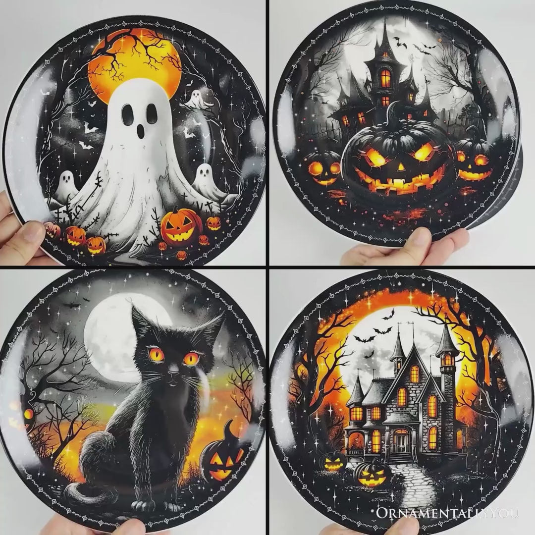 Haunted Night Set of 4 Plates, Black Halloween Tableware Collection for Salad, Dessert, Appetizer, and Side Plates