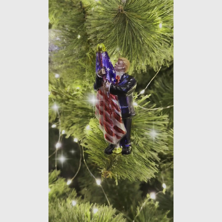 Donald Trump Kissing the American Flag Glass Christmas Ornament, United States President