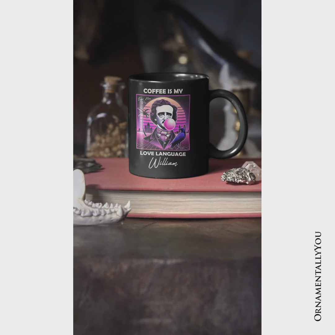Synthwave 80's Styled Edgar Allan Poe Horror Personalized Mug, Vaperwave Classic Retro Neon Halloween Gift with Custom Name