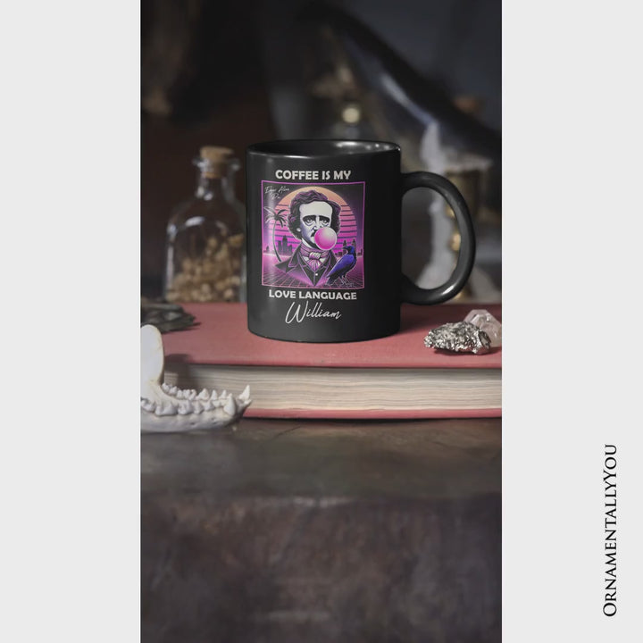 Synthwave 80's Styled Edgar Allan Poe Horror Personalized Mug, Vaperwave Classic Retro Neon Halloween Gift with Custom Name