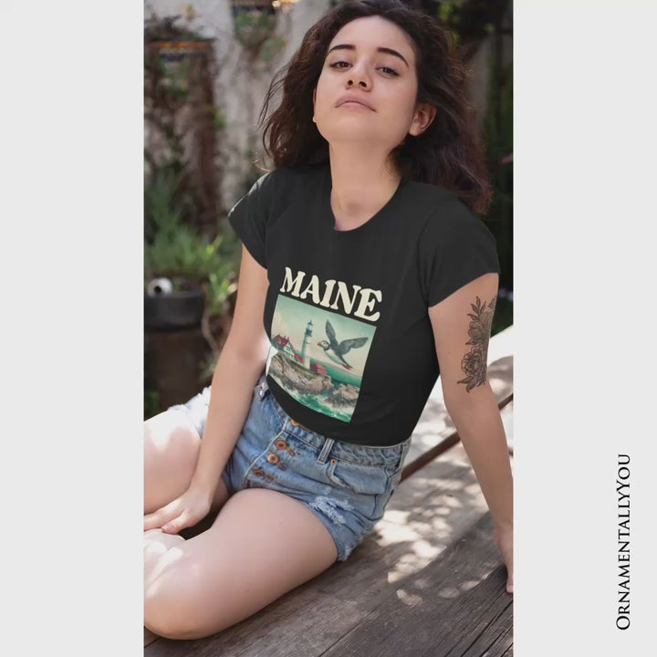 Vintage Maine State Lighthouse and Puffin T-Shirt, New England Coastal Tee and Seaside Souvenir