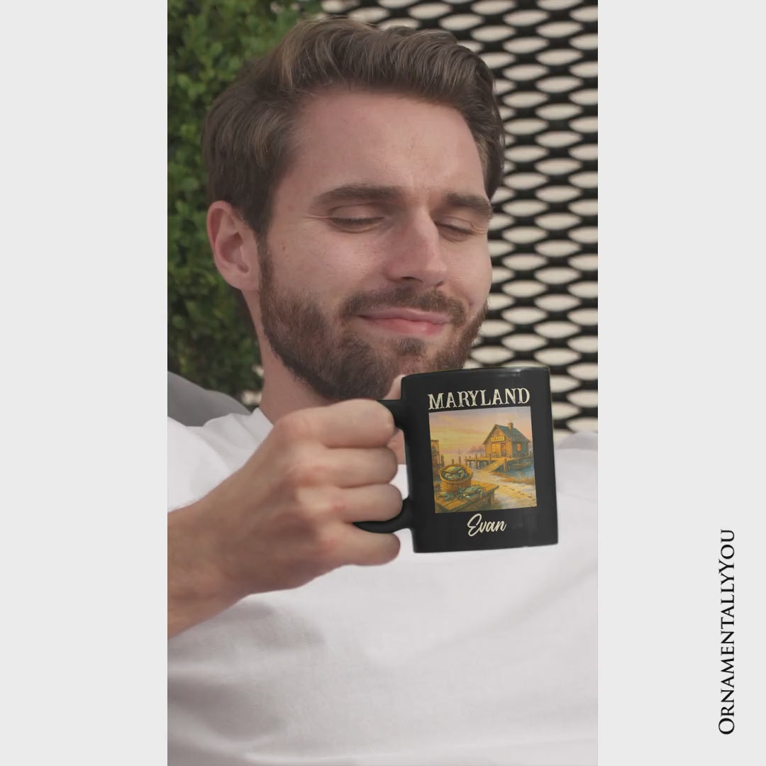 Coastal Maryland State Crabbing Personalized Mug, Chesapeake Bay Fishing Heritage Gift and Travel Souvenir with Custom Name