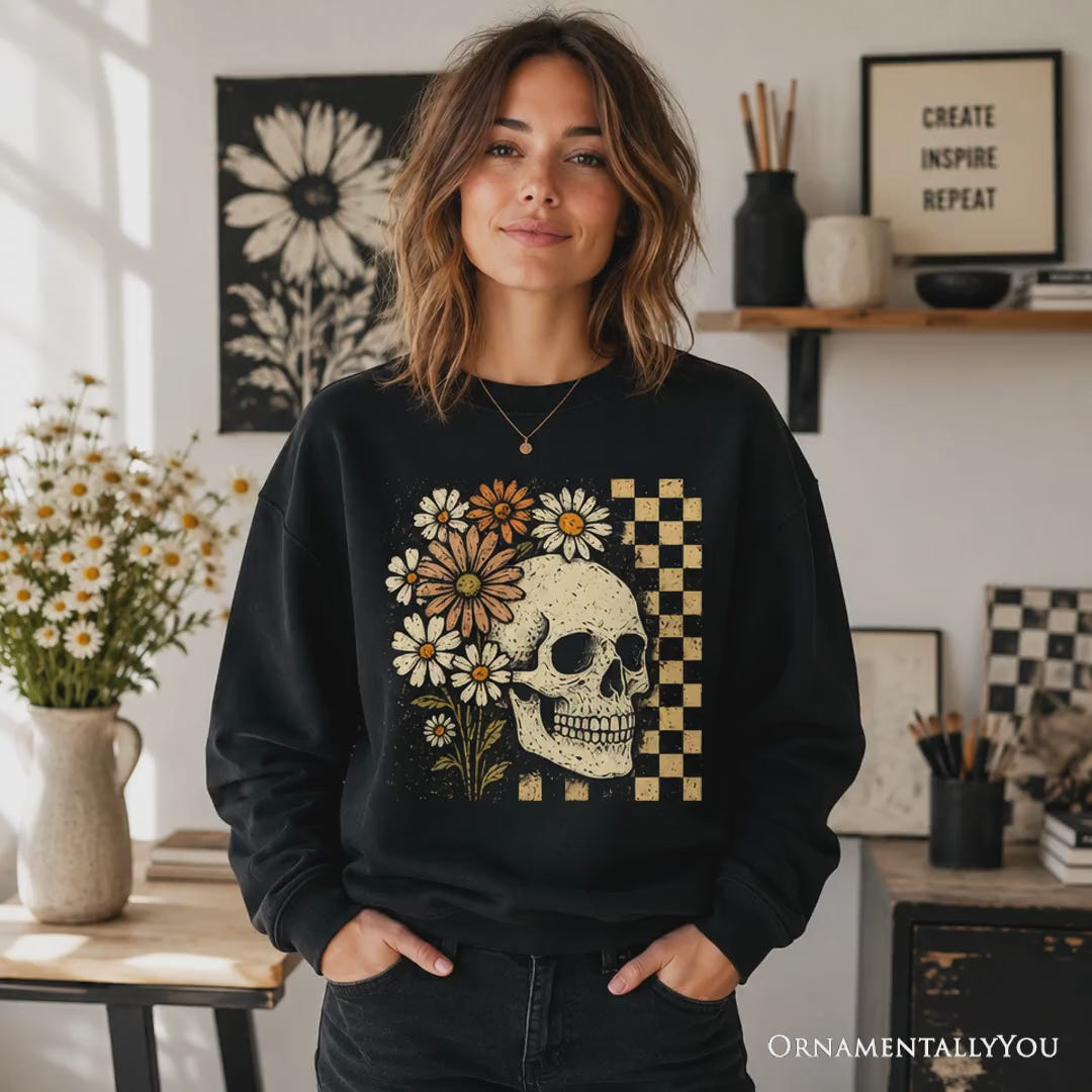 Checkered Floral Skeleton Sweatshirt, Vintage Skull Daisy Halloween Sweater