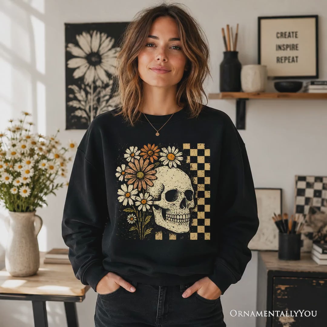 Checkered Floral Skeleton Sweatshirt, Vintage Skull Daisy Halloween Sweater