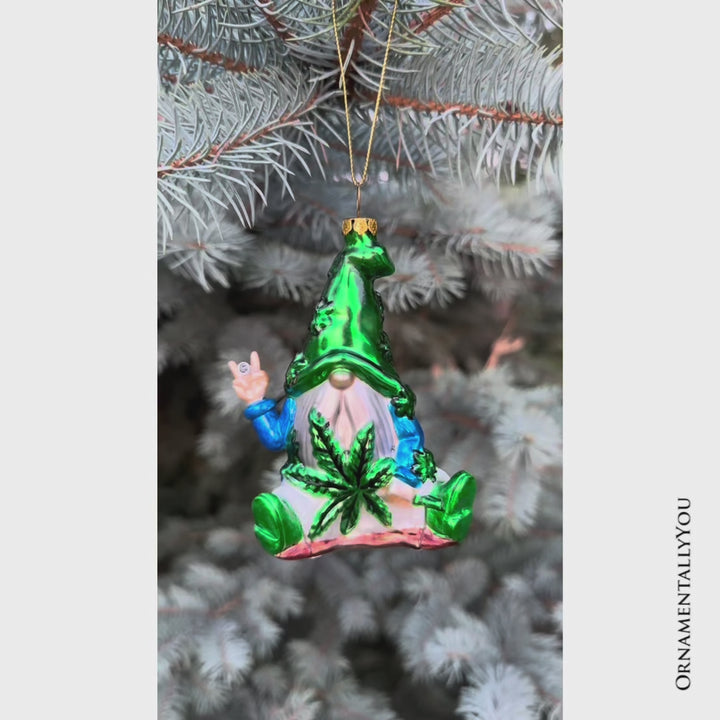 (Pre-Order) Fun Weed Themed Gnome Glass Ornament, Pothead Smoker Unique Holiday Gift