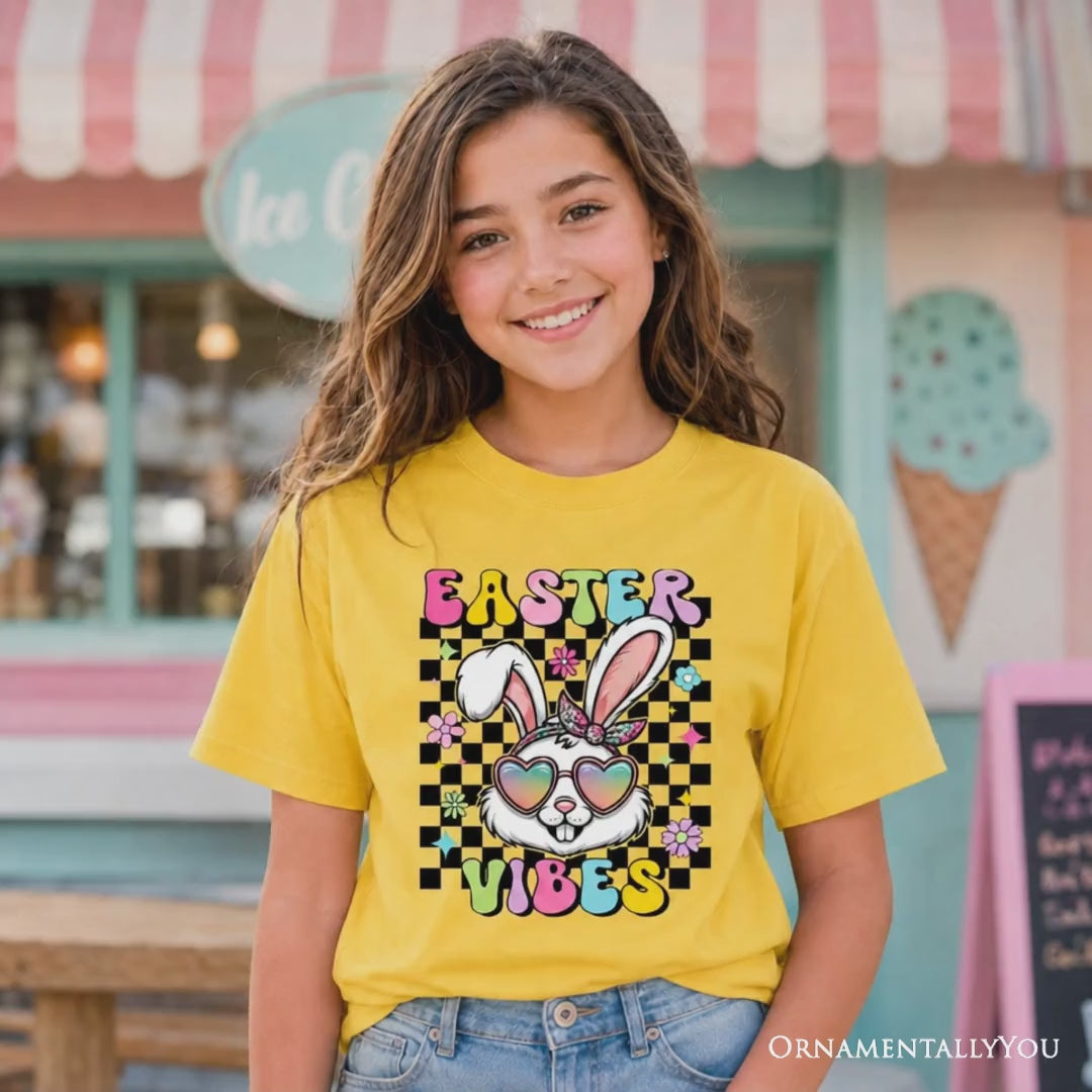 Kids Retro Easter Bunny Sunglasses T-Shirt, Groovy Youth Checkered Tee