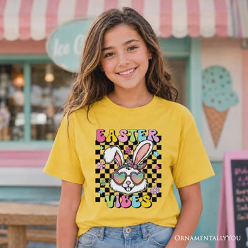 Kids Retro Easter Bunny Sunglasses T-Shirt, Groovy Youth Checkered Tee