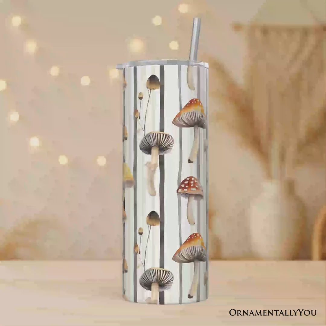 Vintage Woodland Mushroom Pattern 20oz Personalized Tumbler With Lid and Stainless Steel Straw, Forest Forager Nature Gift Cup