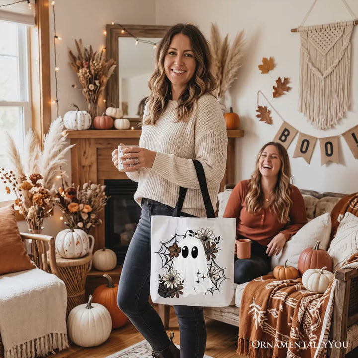 Floral Ghost Tote Bag, Neutral Boho Halloween Spider Web Gift Shopper