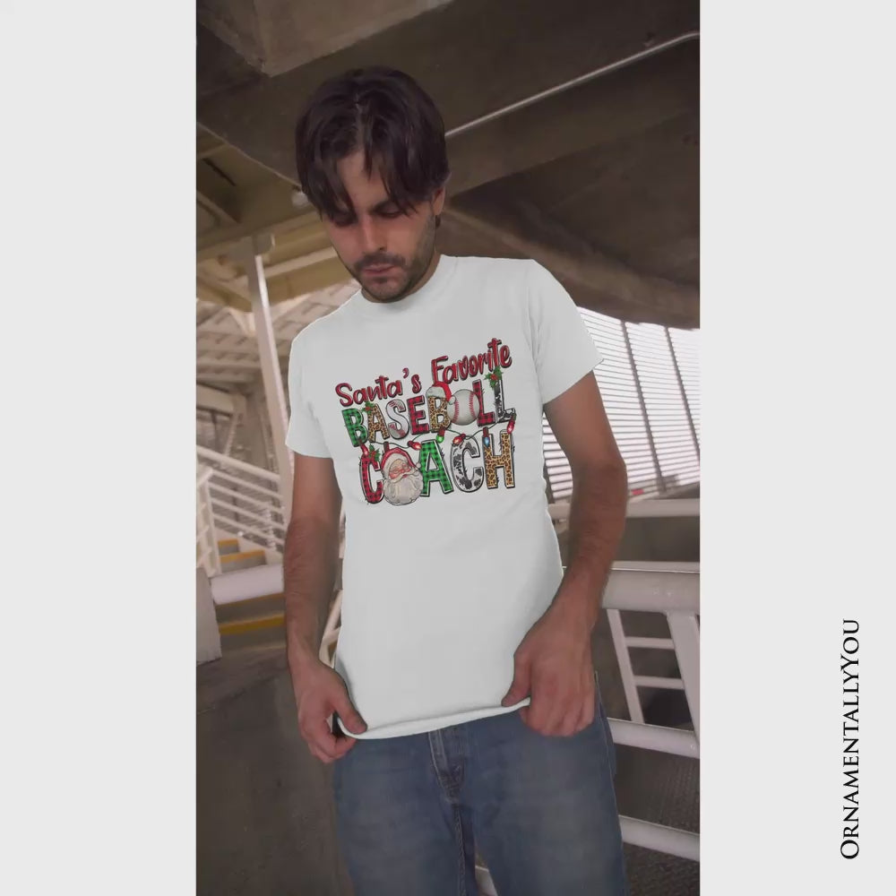 Santa’s Favorite Baseball Coach Plaid Christmas T-Shirt, Sports Team Holiday Tee