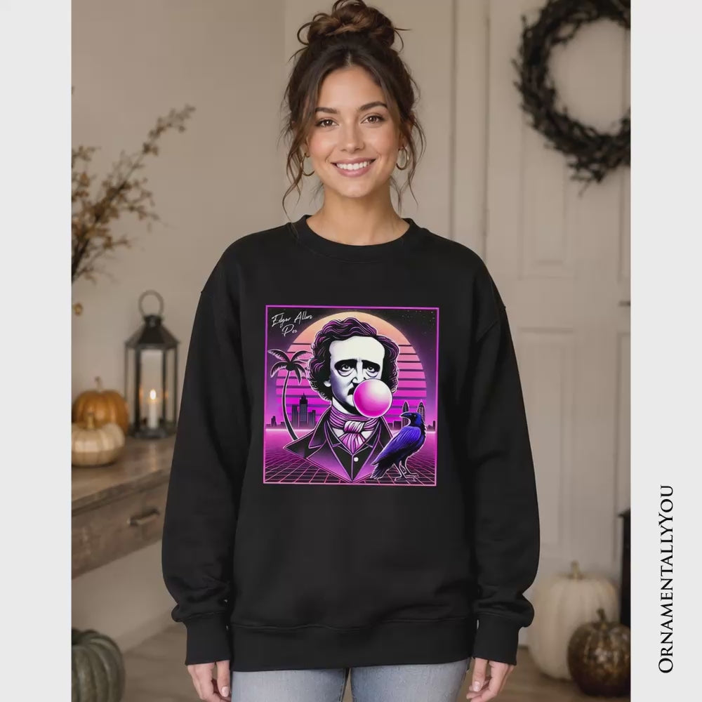 Synthwave 80's Styled Edgar Allan Poe Horror Sweatshirt, Vaperwave Classic Retro Neon Halloween Sweater