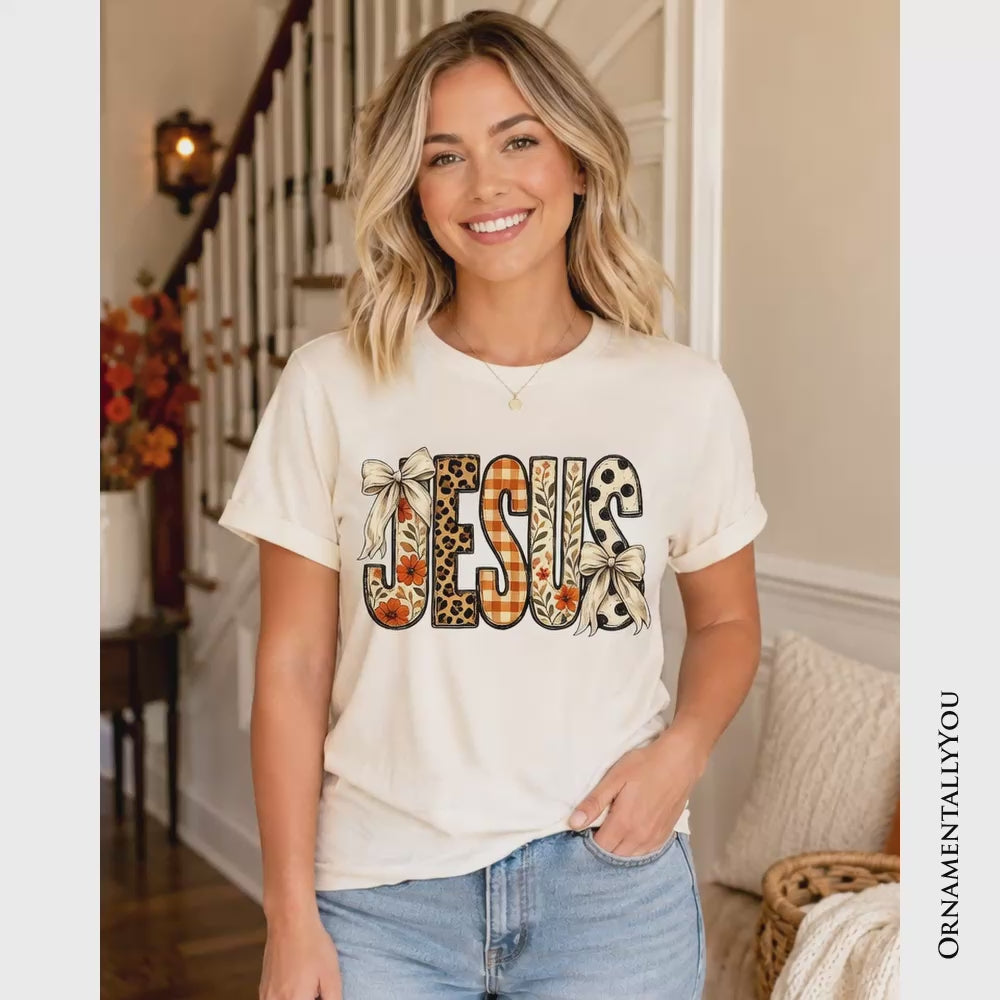 Jesus Coquette Fall T-Shirt, Leopard Plaid Floral Christian Faith Tee