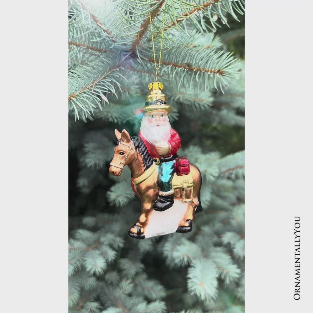 Hardy Wild Western Cowboy Santa Glass Christmas Ornament, Vintage Horse Ridin Farm Style Decor