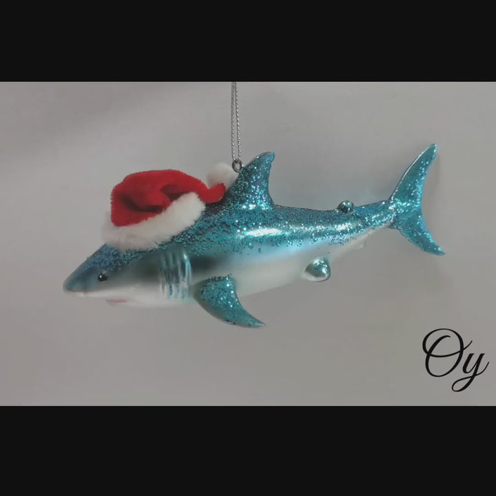 Shark with Santa Hat Glass Christmas Ornament