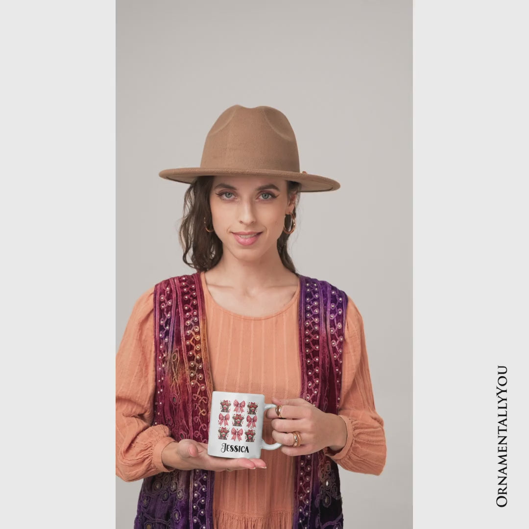 Highland Cow Coquette Bow Valentine Personalized Mug, Cute Hearts Western Gift with Custom Name