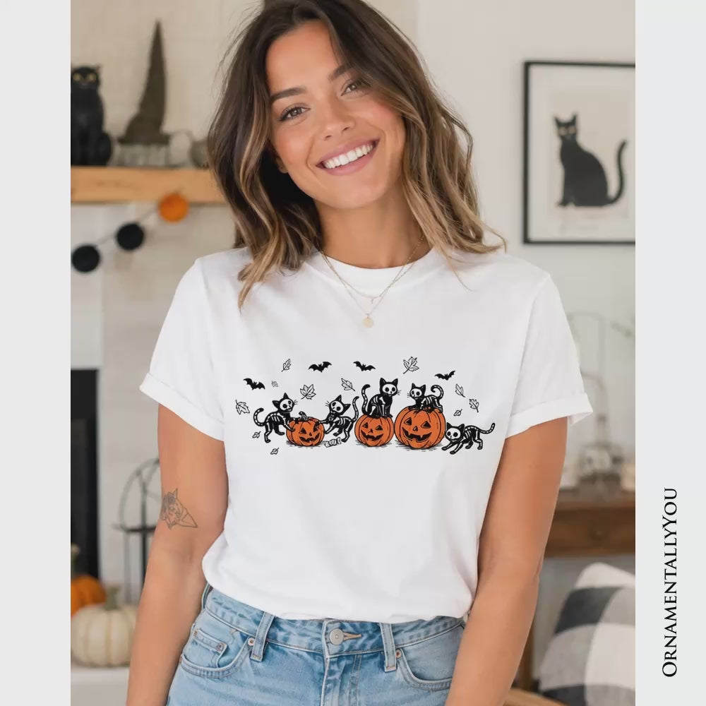 Skeleton Cats and Pumpkins T-Shirt, Spooky Halloween Black Cat Tee