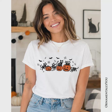 Skeleton Cats and Pumpkins T-Shirt, Spooky Halloween Black Cat Tee