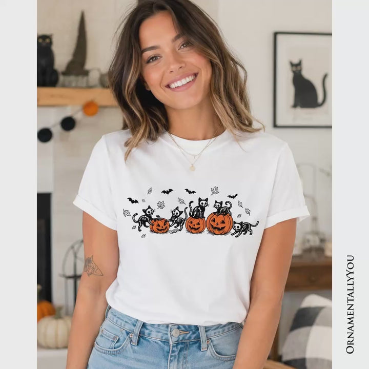 Skeleton Cats and Pumpkins T-Shirt, Spooky Halloween Black Cat Tee