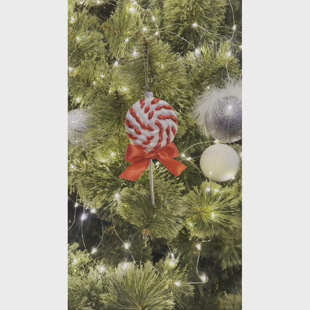 Red Swirl Candycane Lollipop Glass Christmas Ornament