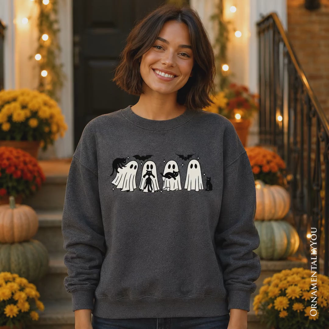 Ghosts and Cats Spooky Sweatshirt, Whimsical Halloween Sweater for Cozy Autumn Season