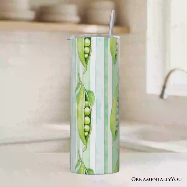 Fresh Green Pea Pod Pattern 20oz Personalized Tumbler With Lid and Stainless Steel Straw, Watercolor Garden Vegetable Gift Cup