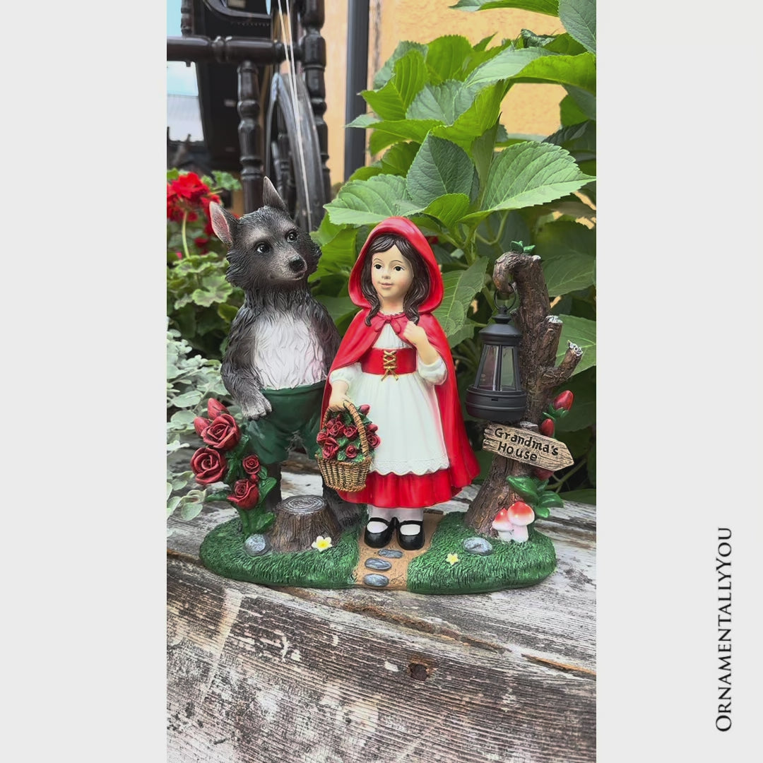 Solar Powered Little Red Riding Hood Garden Statue, 12" Lighted Fairy Tale Figurine Outdoor Decor