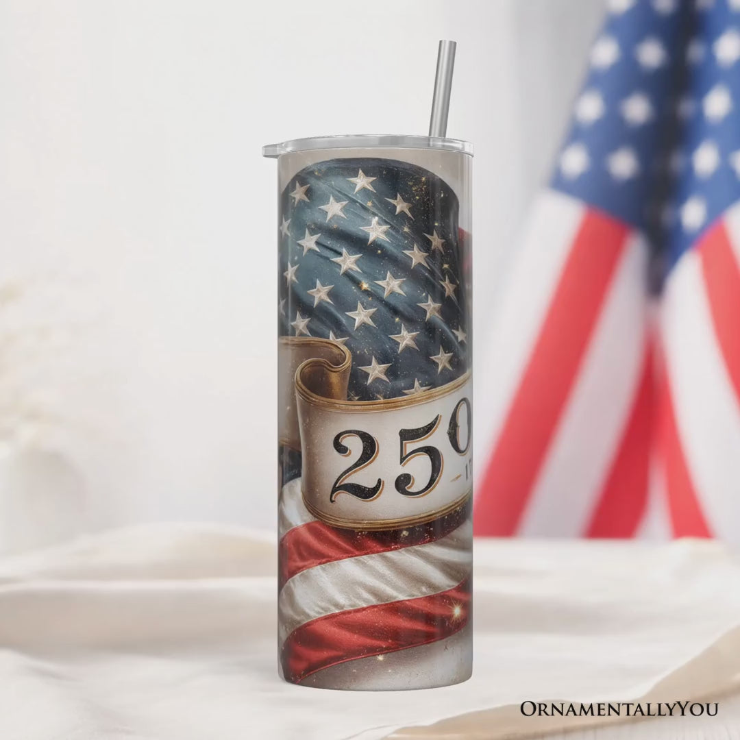 Vintage 250 Years American Flag 20oz Personalized Tumbler With Lid and Stainless Steel Straw, Patriotic USA Independence Day Gift Cup