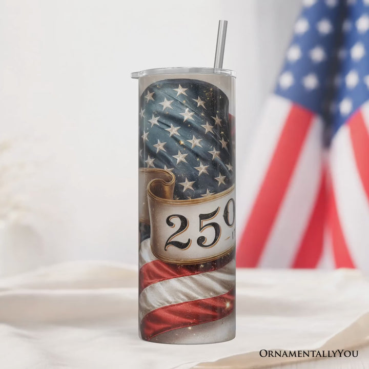 Vintage 250 Years American Flag 20oz Personalized Tumbler With Lid and Stainless Steel Straw, Patriotic USA Independence Day Gift Cup