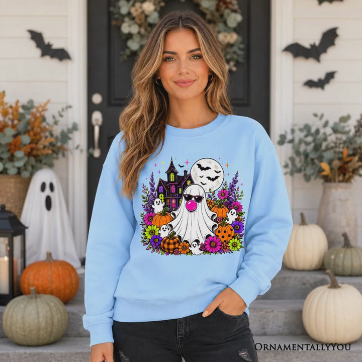 Bubblegum Ghost Haunted House Sweatshirt, Colorful Floral Halloween Pumpkin Sweater
